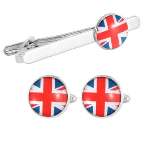 British Union Jack flag silver cufflinks and tie clip set for men's formal business suits
