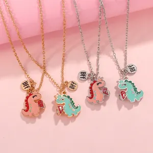 Cartoon Dinosaur Magnetic Pendant Necklace Alloy Heart Crown BFF Jewelry For Friends Couples Pink And Green Jewelry