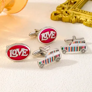 Mens metal cufflinks set featuring red LOVE design and colorful striped racing car shapes