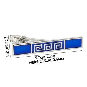 Silver-tone tie clip with blue enamel Greek meander pattern and 5.7cm size specs