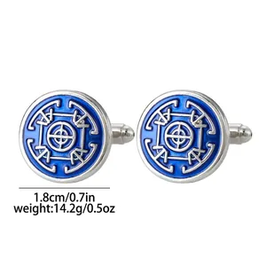 Detail showing blue geometric pattern cufflinks with 1.8cm diameter and 14.2g weight specs