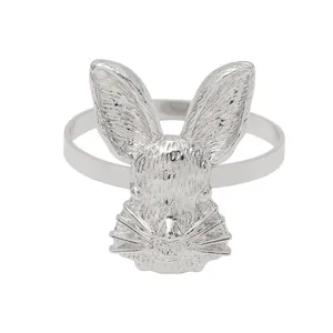 Silver bunny head napkin ring with detailed relief texture for Easter table decoration
