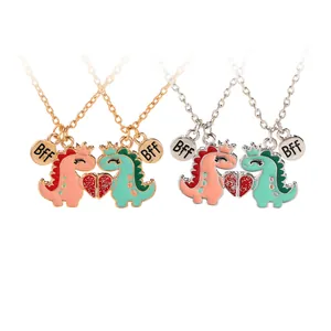 Cartoon dinosaur magnetic BFF necklaces set with crown heart pendants for best friends