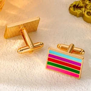 Men's gold cufflinks with rainbow enamel stripes for business shirts in rectangle design