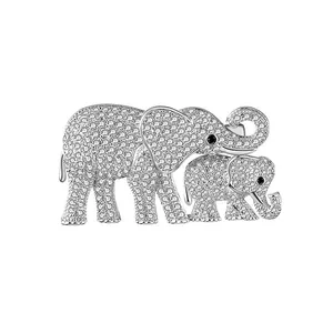 Vintage Alloy Rhinestone Elephant Brooch For Women Elegant Pave Zirconia Mother And Child Animal Pin Jewelry Gift For Mother Day