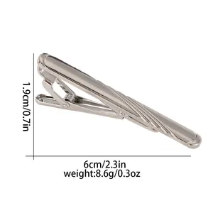 Silver business necktie clip with blue stripes and dimensional measurements of 6cm by 1.9cm