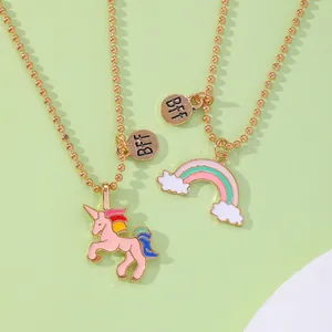 Rainbow and pink unicorn BFF friendship necklace set with gold-tone ball chains