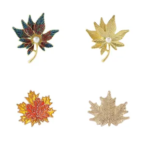 Elegant Maple Leaf Brooch Pin For Women Alloy Enamel Glitter Leaf Pin With Imitation Artificial Pearl Fashion Jewelry For Coat Suit Dress