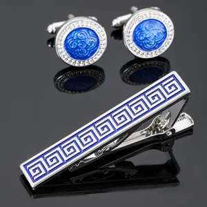 Silver and blue cufflinks tie clip set with Greek key pattern and crystal inlay