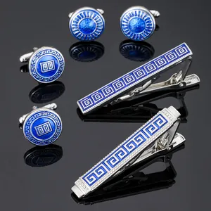 Men Business Accessory Alloy Enamel Blue Greek Key Meander Pattern Round Cufflinks And Rectangular Tie Clip Jewelry