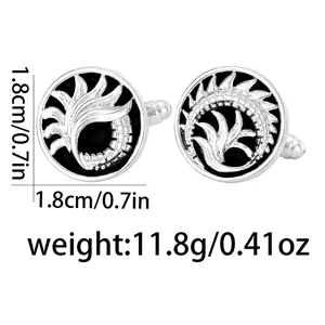 Silver cufflinks with black enamel totem pattern showing 1.8cm size and weight