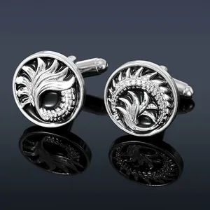 Vintage Alloy Enamel Round Cufflinks For Men Feather Pattern Silver Black Business Shirt Cuff Links Wedding Jewelry Gift
