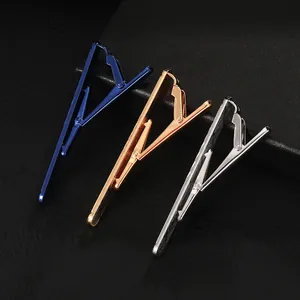 Three-piece set of polished striped tie clips in blue, rose gold, and silver metal finish