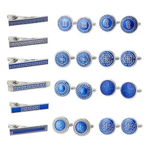 Mens silver and blue enamel cufflinks and tie clip set with Greek key patterns