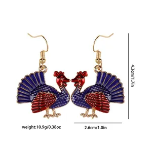 Detailed size view of colorful turkey earrings showing 4.3cm height and 2.6cm width