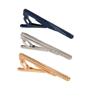 Three-piece business metal tie clip set with blue, silver and gold finishes