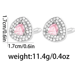 Gemelli da uomo triangolari in argento con pietra rosa e bordo di cristalli bianchi