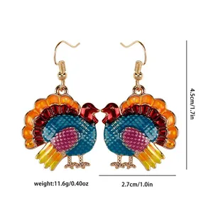 Detail of colorful turkey drop earrings for Thanksgiving, 4.5cm height and 2.7cm width