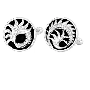 Silver cufflinks with black enamel flame pattern for formal French cuff shirts