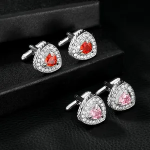 Herren Manschettenknöpfe Dreieck Silber mit roten und rosa Edelsteinen und Zirkonia