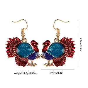 Detail view of colorful turkey enamel earrings with precise height and weight measurements