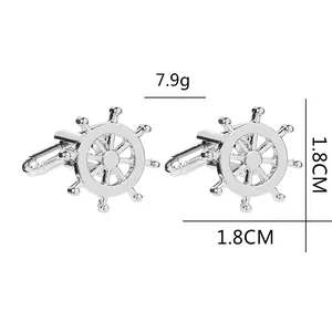 Close-up of nautical helm cufflinks in silver metal with 1.8cm diameter and 7.9g weight