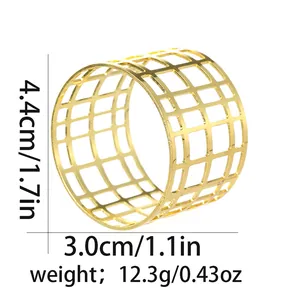 Detailed view of hollow gold-tone metal napkin ring with square mesh texture and dimensions