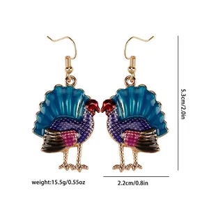 Detail of colorful turkey earrings with size specs 5.3cm length for Thanksgiving party