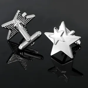 Polished silver star shaped cufflinks for men featuring a 3D layered pentagram design