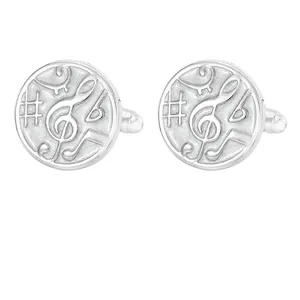 Elegant silver musical note cufflinks featuring a round matte finish for men's formal attire