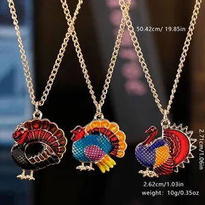 Three colorful enamel turkey pendant necklaces for Thanksgiving party in gold finish