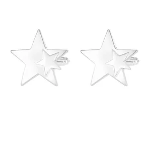 Polished silver metal star cufflinks for men featuring a layered double star design