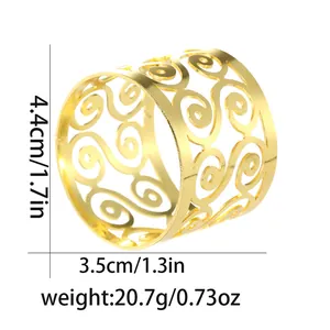 Detail view of gold hollow scroll napkin ring with precise dimensions and weight specs