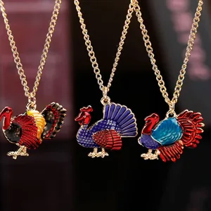 Festive Thanksgiving turkey necklace and earrings jewelry set in colorful enamel finish