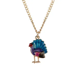 Colorful turkey pendant necklace with gold chain for Thanksgiving and autumn parties