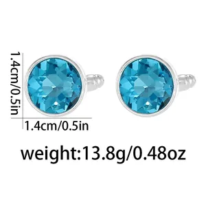 Close-up of blue crystal cufflinks showing 1.4cm diameter and 13.8g weight specs