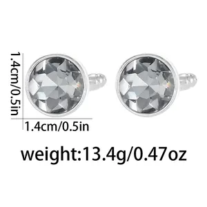 Classic silver-tone round cufflinks with grey multifaceted crystal stone for men