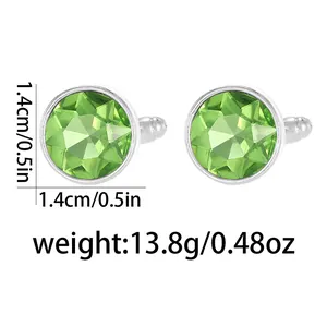 Macro view of 1.4cm round cufflinks with green faceted stones and silver metal base