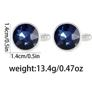 Detail of dark blue crystal cufflinks with silver metal frame and size measurements