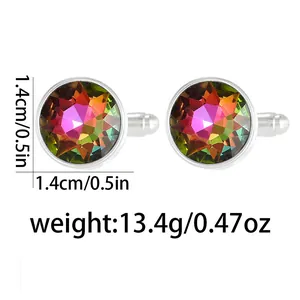 Detail showing 1.4cm round colorful stone cufflinks with 13.4g weight and silver base