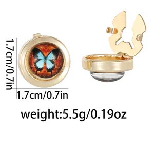 Classic golden butterfly cufflinks for men, 1.7cm round design with blue glass inlay