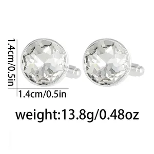 Detail view of silver round cufflinks with clear crystal, size 1.4cm and weight 13.8g
