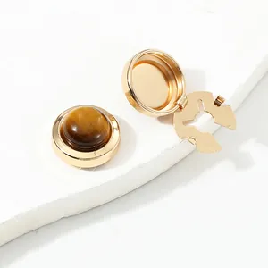 Elegant gold round cufflinks featuring natural brown tiger eye stone with metal hinge design