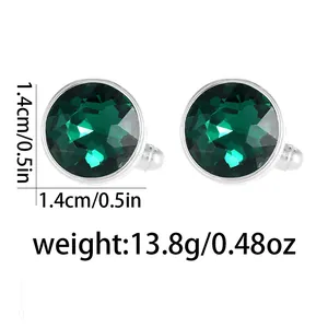 Detailed size and weight view of round men's silver cufflinks with green crystal inlay