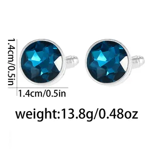 Close-up of blue crystal cufflinks with 1.4cm diameter and polished silver metal base