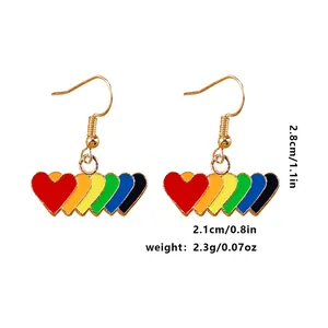 Rainbow heart-shaped drop earrings in colorful alloy finish with dimensions 2.8cm by 2.1cm