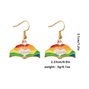 Rainbow heart hands dangle earrings with love text detail and dimensions 3.1x2.23cm