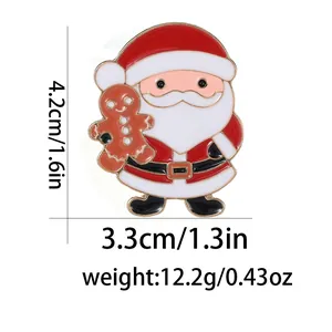 Detail view of cartoon Santa Claus enamel pin with gingerbread man motif and dimensions