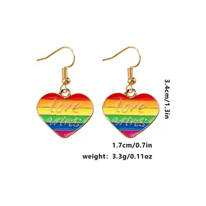 Rainbow heart enamel earrings with Love Wins engraving and detailed size measurements