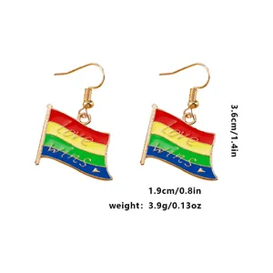 Detailed view of rainbow flag earrings with Love Wins text and gold plated edges